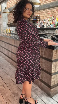 CurveWow V-Neck Frill Dress Black Floral