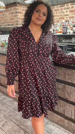 CurveWow V-Neck Frill Dress Black Floral
