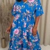 CurveWow V-Neck Ruffle Hem Floral Maxi Dress Blue Tropical