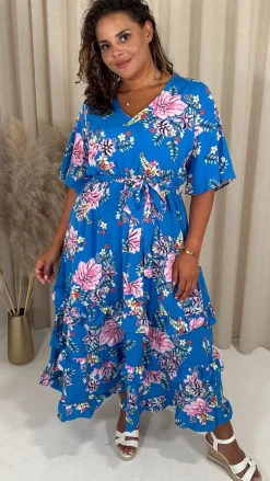 CurveWow V-Neck Ruffle Hem Floral Maxi Dress Blue Tropical