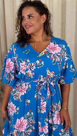 CurveWow V-Neck Ruffle Hem Floral Maxi Dress Blue Tropical