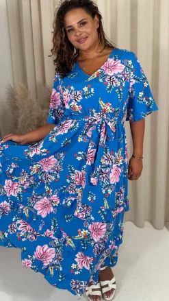 CurveWow V-Neck Ruffle Hem Floral Maxi Dress Blue Tropical