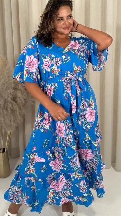 CurveWow V-Neck Ruffle Hem Floral Maxi Dress Blue Tropical