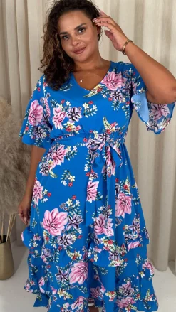 CurveWow V-Neck Ruffle Hem Floral Maxi Dress Blue Tropical