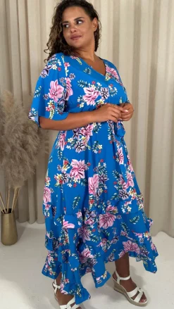 CurveWow V-Neck Ruffle Hem Floral Maxi Dress Blue Tropical
