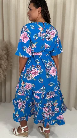 CurveWow V-Neck Ruffle Hem Floral Maxi Dress Blue Tropical