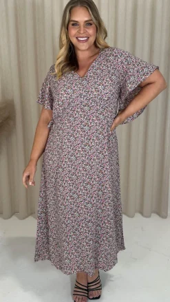 CurveWow Vneck Tie Back Midi Dress Pink Multi