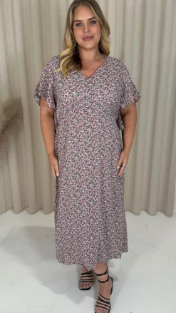 CurveWow Vneck Tie Back Midi Dress Pink Multi