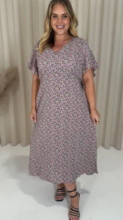 CurveWow Vneck Tie Back Midi Dress Pink Multi