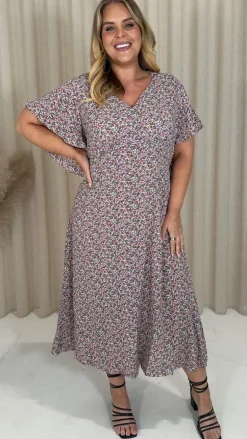 CurveWow Vneck Tie Back Midi Dress Pink Multi