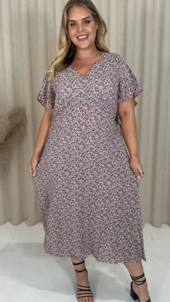 CurveWow Vneck Tie Back Midi Dress Pink Multi