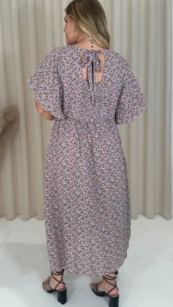 CurveWow Vneck Tie Back Midi Dress Pink Multi