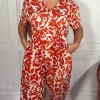 CurveWow V-Neck Tie Waist Jumpsuit Red/Orange