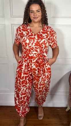CurveWow V-Neck Tie Waist Jumpsuit Red/Orange