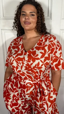 CurveWow V-Neck Tie Waist Jumpsuit Red/Orange