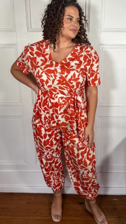 CurveWow V-Neck Tie Waist Jumpsuit Red/Orange