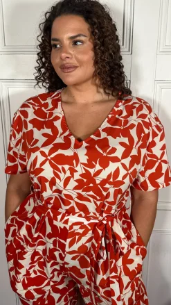 CurveWow V-Neck Tie Waist Jumpsuit Red/Orange