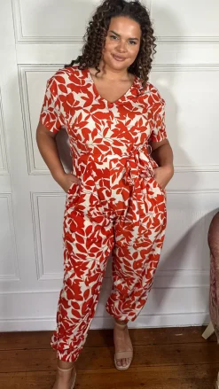 CurveWow V-Neck Tie Waist Jumpsuit Red/Orange
