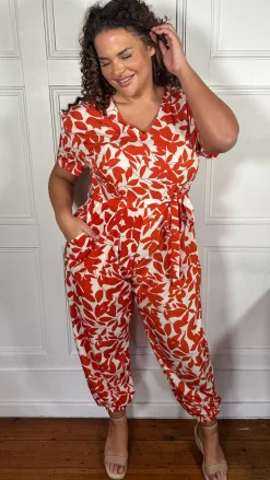 CurveWow V-Neck Tie Waist Jumpsuit Red/Orange