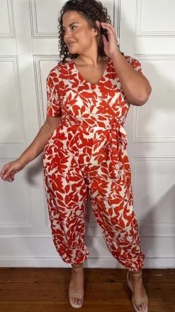 CurveWow V-Neck Tie Waist Jumpsuit Red/Orange