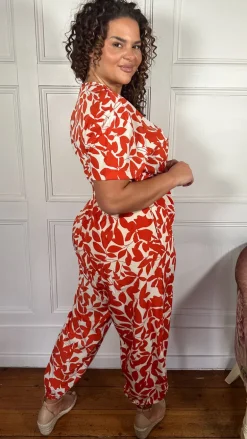 CurveWow V-Neck Tie Waist Jumpsuit Red/Orange