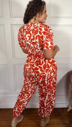 CurveWow V-Neck Tie Waist Jumpsuit Red/Orange