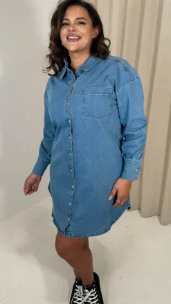CurveWow Washed Look Denim Shirt Dress Mid Blue
