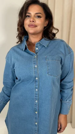 CurveWow Washed Look Denim Shirt Dress Mid Blue