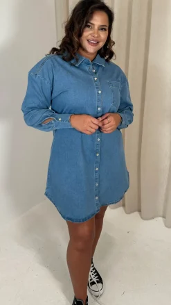 CurveWow Washed Look Denim Shirt Dress Mid Blue