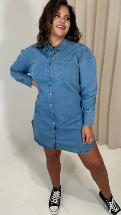 CurveWow Washed Look Denim Shirt Dress Mid Blue