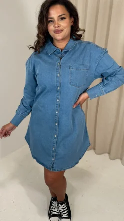 CurveWow Washed Look Denim Shirt Dress Mid Blue