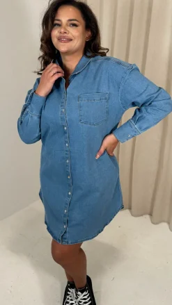 CurveWow Washed Look Denim Shirt Dress Mid Blue