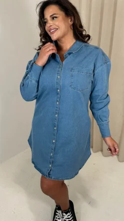 CurveWow Washed Look Denim Shirt Dress Mid Blue