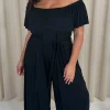 CurveWow Wide Leg Self Tie Frill Bardot Jumpsuit Black