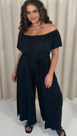 CurveWow Wide Leg Self Tie Frill Bardot Jumpsuit Black