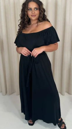CurveWow Wide Leg Self Tie Frill Bardot Jumpsuit Black