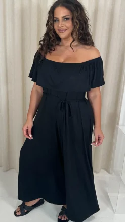 CurveWow Wide Leg Self Tie Frill Bardot Jumpsuit Black