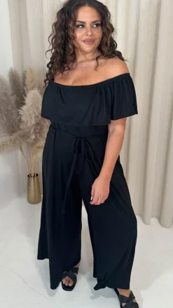 CurveWow Wide Leg Self Tie Frill Bardot Jumpsuit Black