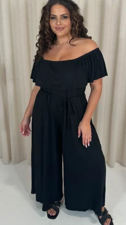 CurveWow Wide Leg Self Tie Frill Bardot Jumpsuit Black
