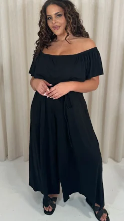 CurveWow Wide Leg Self Tie Frill Bardot Jumpsuit Black