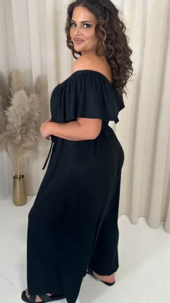 CurveWow Wide Leg Self Tie Frill Bardot Jumpsuit Black