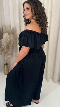 CurveWow Wide Leg Self Tie Frill Bardot Jumpsuit Black