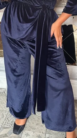 CurveWow Wide Leg Velvet Trouser Navy