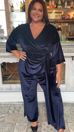 CurveWow Wide Leg Velvet Trouser Navy
