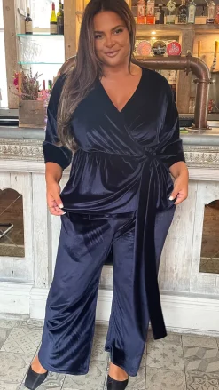 CurveWow Wide Leg Velvet Trouser Navy