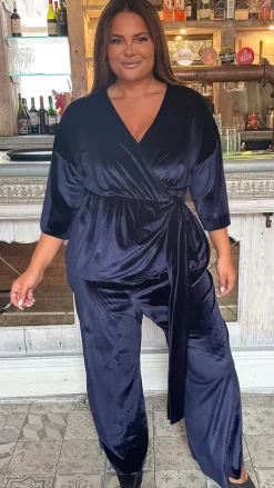 CurveWow Wide Leg Velvet Trouser Navy