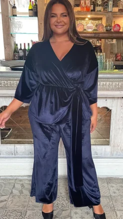 CurveWow Wide Leg Velvet Trouser Navy