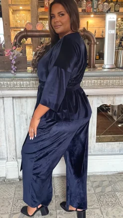CurveWow Wide Leg Velvet Trouser Navy