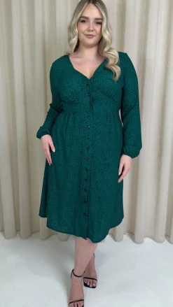 CurveWow Woven Button Front Dress Green Animal