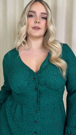 CurveWow Woven Button Front Dress Green Animal
